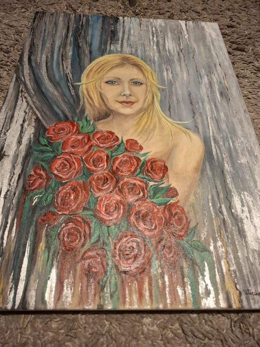Obraz olejny ,,Dziewczyna z różami" 50-70cm