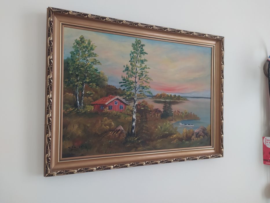 Wyprzedaż. Piękny obraz piękna rama domek nad jeziorem o zachodzie sło