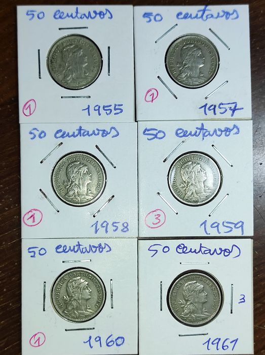 LOTE DE 6 MOEDAS 50 centavos de 1955, 57, 58, 59, 60 e 61.