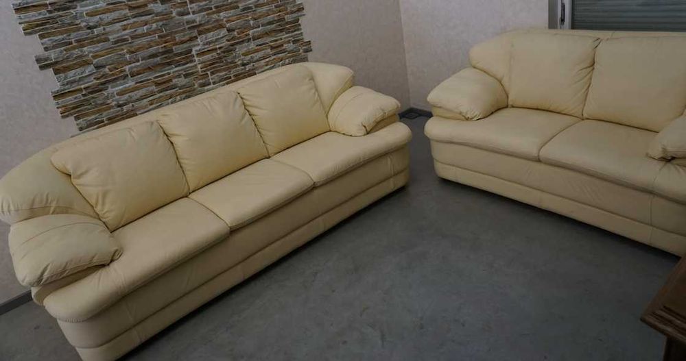 Zestaw Wypoczynkowy Skórzany Skóra Naturalna Jasna 3 + 2 Włoski Styl  (w-1137)