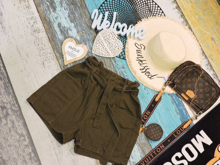 Denim szorty khaki wysoki stan Military pasek 38