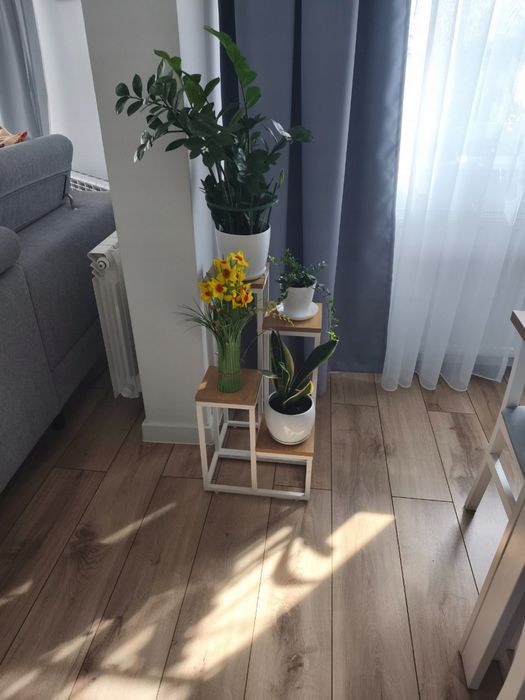 Kwietnik metalowy, 4 półki, biały stelaż + dąb craft, styl loft, 68 cm