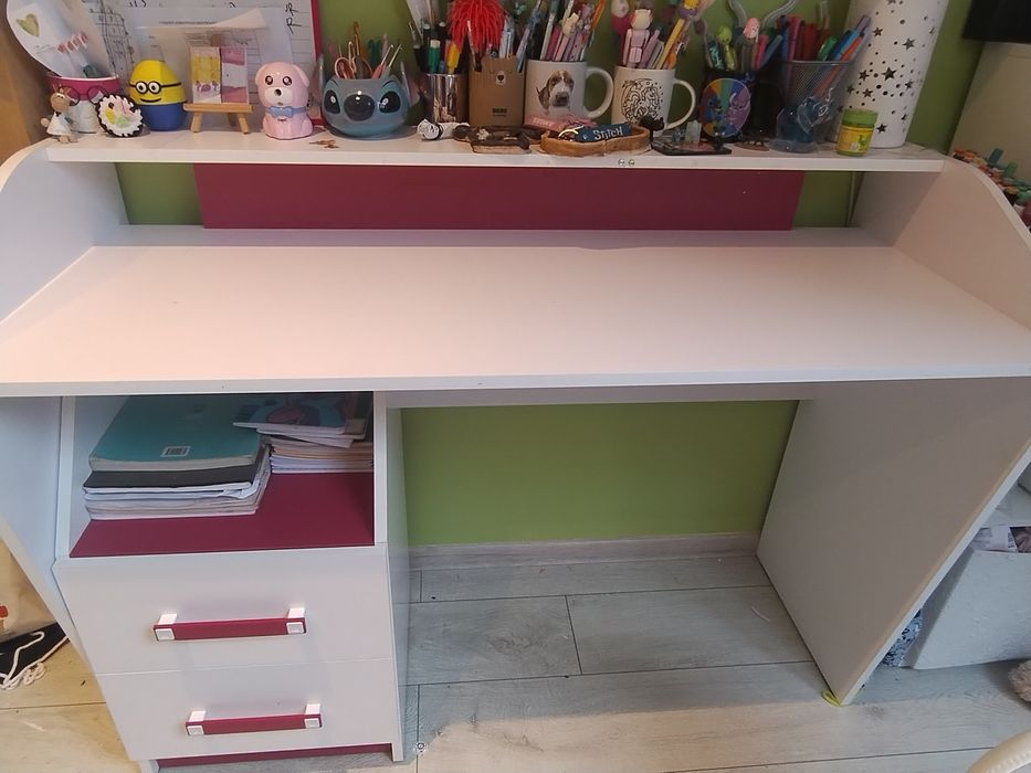 Meble dziecięce Meble Tofiko – biało-różowe – szafa + komoda + biurko + szfka pod biurko