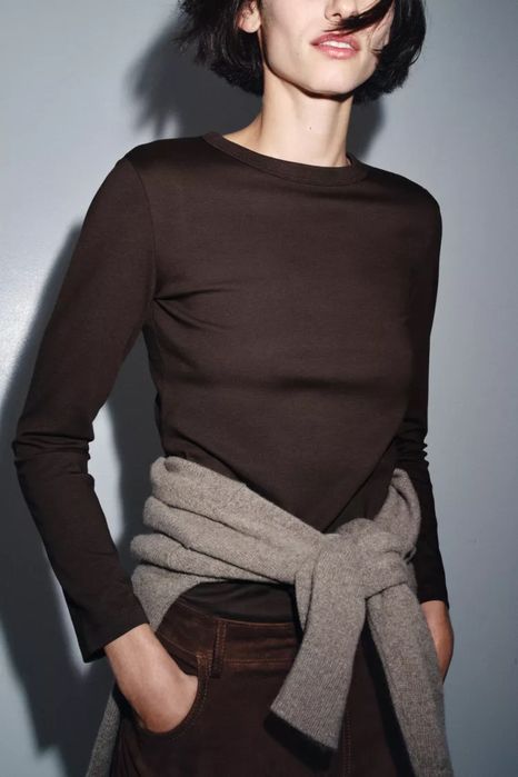 Базовий коричневий шоколадний лонг лонсглів від zara / базовый коричневый лонг лонгслив зара S M