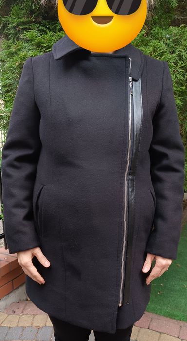 Płaszcz wełniany czarny r 38 wstawki z eko skóry