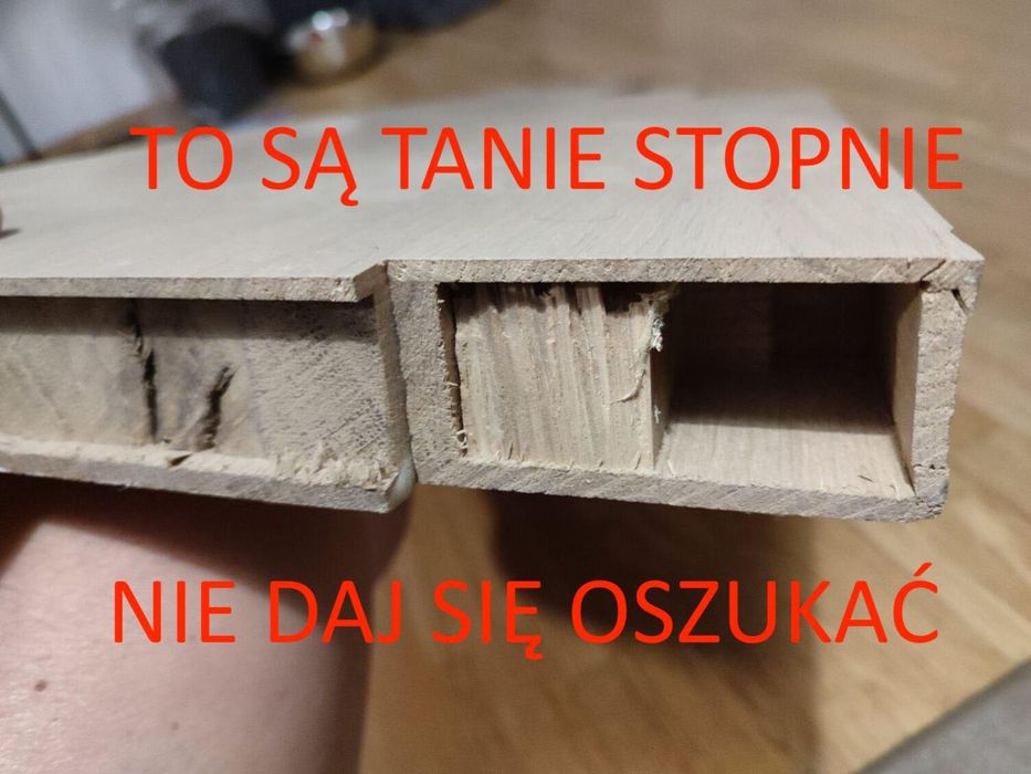 Schody drewniane dębowe lite zabiegowe, proste, podesty, parapety