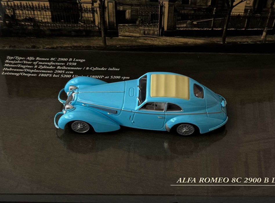 Minichamps 1938 ALFA ROMEO 8C 2900 B Lungo. Esc.:1/43. Cor: azul claro. Completo e como novo.