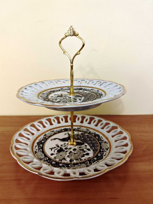 Patera porcelanowa Yamasen – pawie, złocenia, 2-poziomowa, Japonia