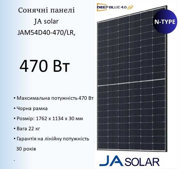 Сонячна панель JA Solar JAM54D40-470/LR 470Wp, Mono Black Frame Склад Кременчук