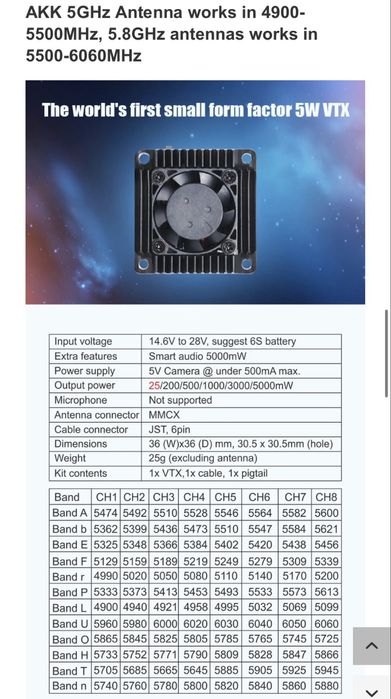 Відеопередавач AKK 5w Ultra Long Range mini 4.9G-6G 96CH 5000АС