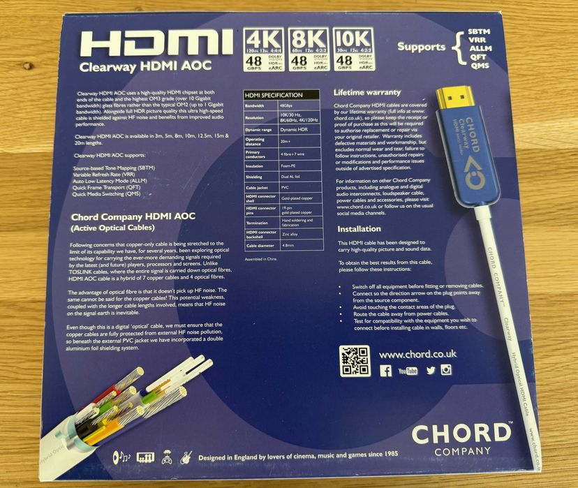 Chord Clearway hdmi 2.1 AOC 10m przewód kabel hdmi światłowodowy 4K 8K PREMIUM