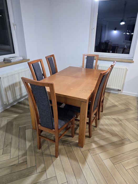 Stół z krzesłami 6 szt brązowy szary rozkładany 270x90