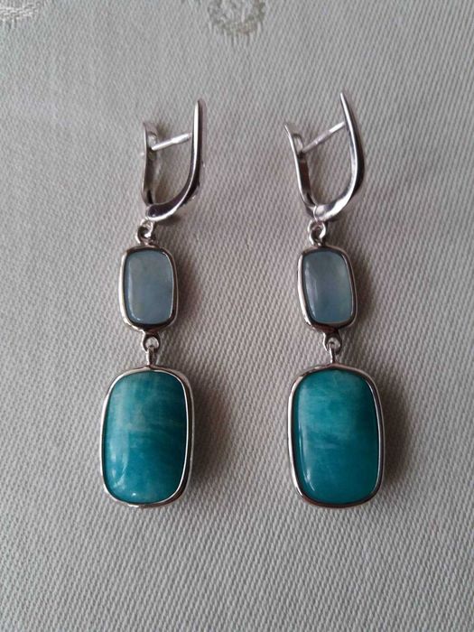 Срібні сережки з аквамарином, амазонітом та оніксом