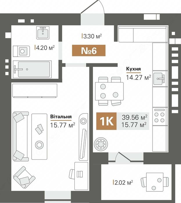 ЖК Park Residence квартира у новобудові площею 40 кв.м/Однокімнатна