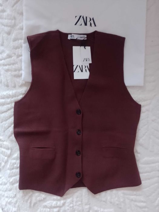 (40/L) ZARA/ Brązowa Dzianinowa Kamizelka z patką z Madrytu, NOWA