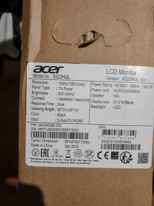 Monitor Acer K222HQL hdmi 22 cale Full HD