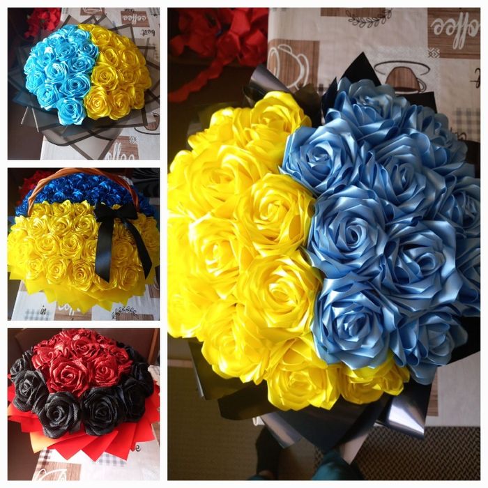 Букет з атласної стрічки,букети для Героев України на кладовище