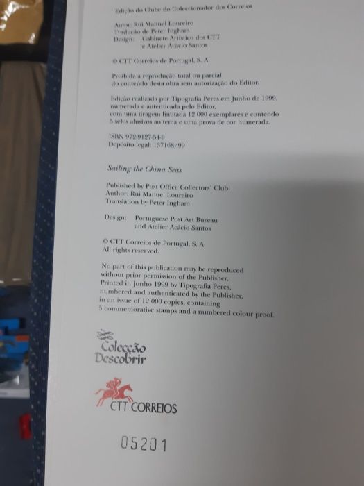Livro Colecção Ctt com 6 selos, ano 1999. Pelos Mares da China.