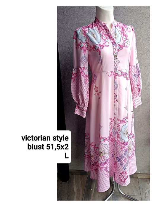 L biust 51,5x2 Różowa sukienka koszulowa maxi w orientalny paisley