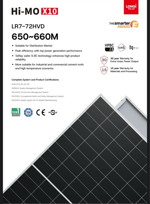 Сонячна панель LONGi Solar 650 Ват Hi-MO X10 LR7-72HVD-650M Scientist