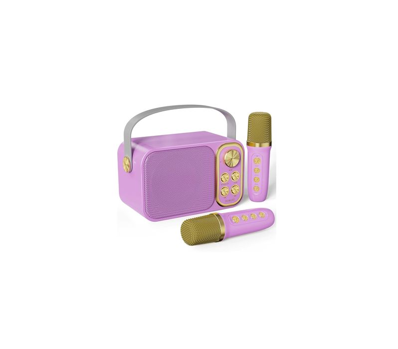 Karaoke Dla Dzieci Bluetooth 2 Mikrofony Bezprzewodowe Głośnik HIFI 10W LED Fioletowy