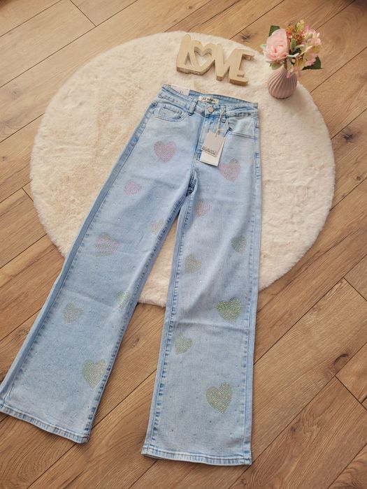 Spodnie dżinsowe szwedy M.Sara xs serduszka diamencikiem