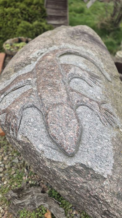 Ozdoby głaz ogrodowy duzy kamień z wyrzeźbioną jaszczurka ozdobą