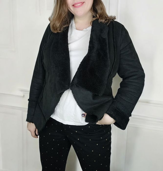Czarny kożuch kożuszek shearling kurtka ramoneska plus size 44