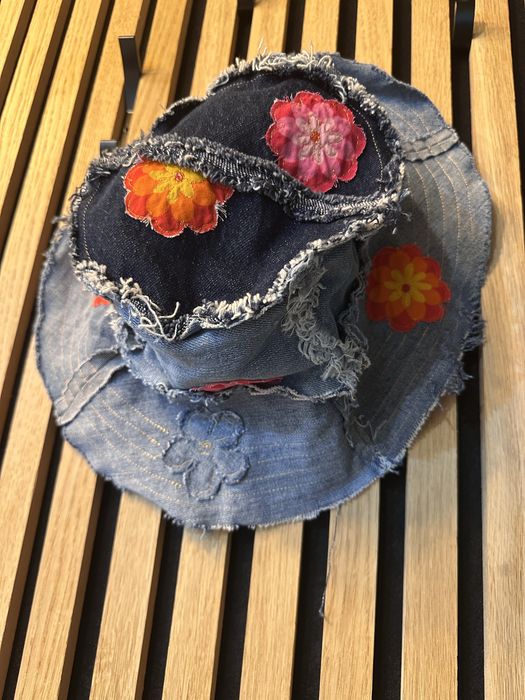 Kapelusz z jeansu Bucket Hat wędkarski dwustronny denim kwiaty patchwork