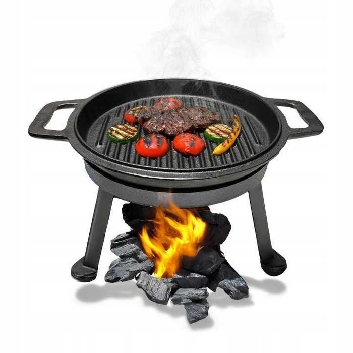 Kociołek Żeliwny Myśliwski Z Patelnią Garnek 10l 3w1 Ognisko Grill Kocioł Na Pieczonki Na Gulasz Do Potraw Ciepłych Dań