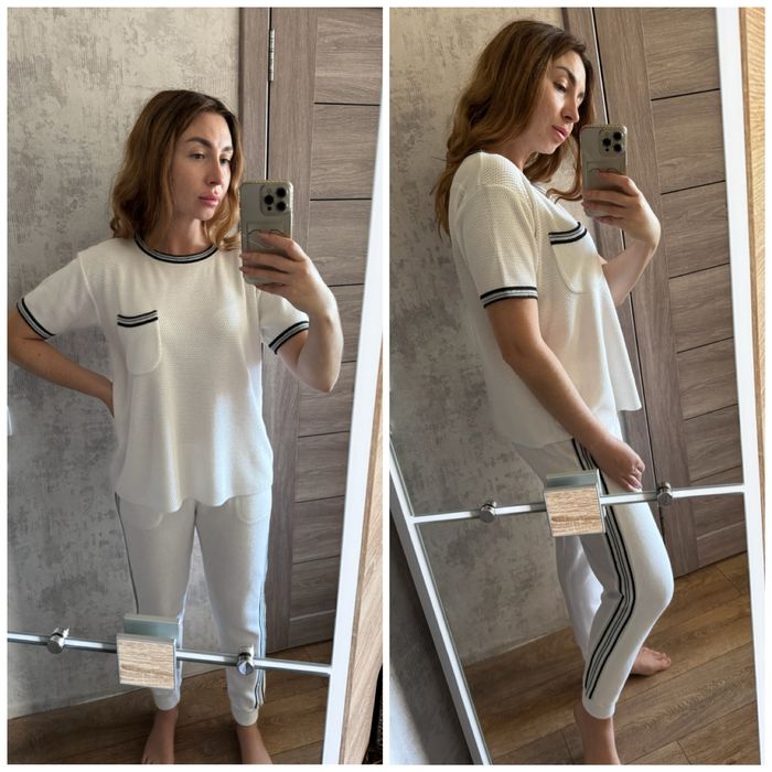 Костюм білий вʼязаний футболка штани джогери м(38) джемпер на весну