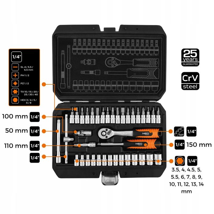 NEO Zestaw Kluczy Nasadowych 38 el. Grzechotka 1/4" Nasadki Bity Torx