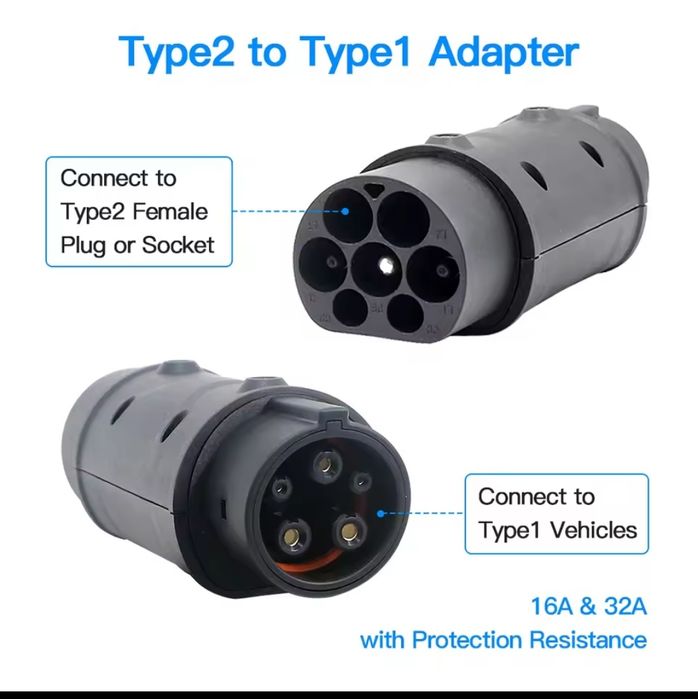 Перехідник type 2-type 1 з тип2 на тип 1 7квт 32А gbt Tesla ccs2 тесла