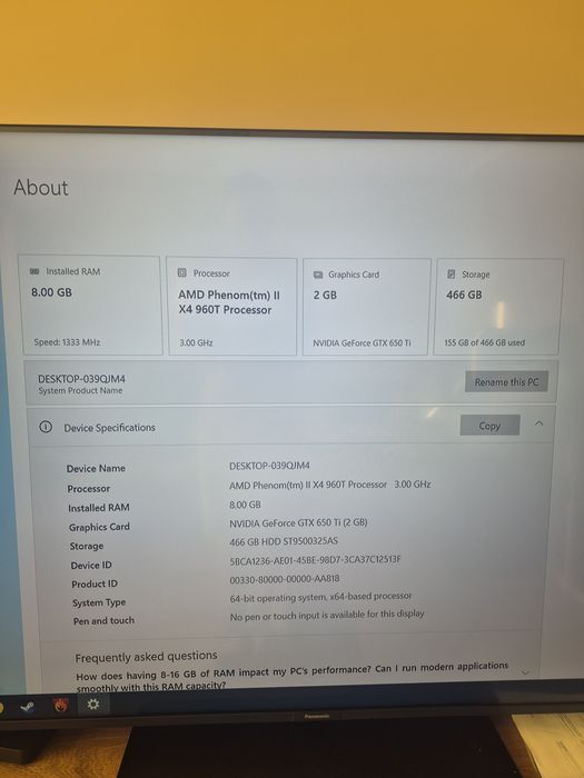 Amd phenom 960t, 8gb ram, geforce gtx650 ti