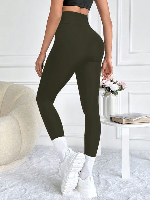 Legginsy Basic Z Wysokim Stanem Zielone Casual Shein S 36