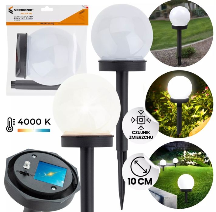 Lampa solarna kula. LED. Biala. 4000K