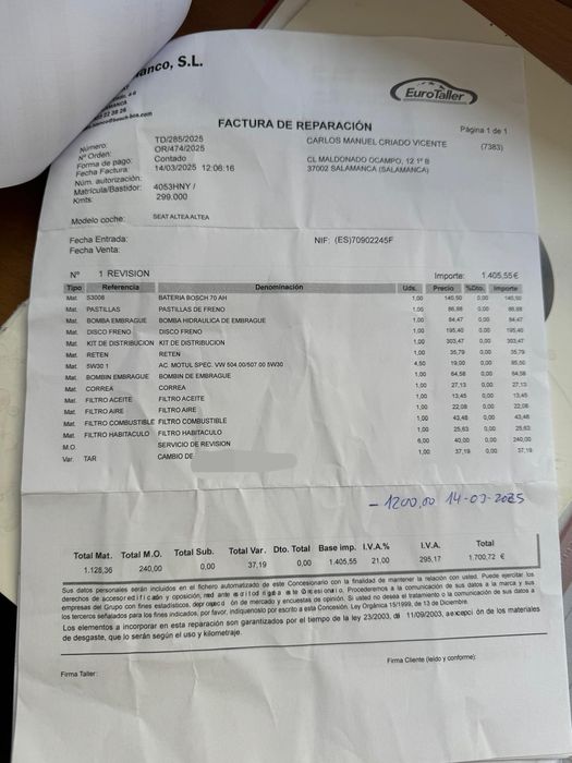 Seat Altea Xl 1.6 tdi 105cv matricula Es