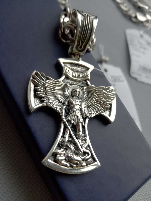 Серебряный крестик подвес кулон Архангел Михаил с чернением