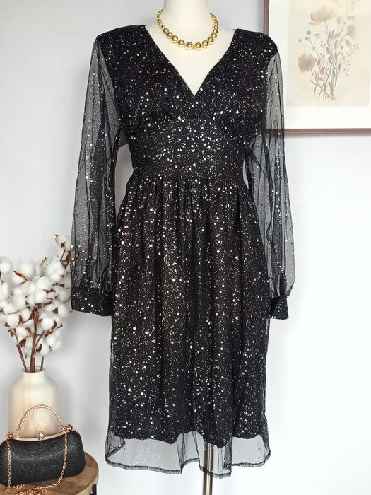 Nowa czarna sukienka midi we wzory z długim rękawem błyszcząca 4XL