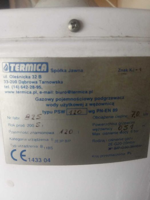 Zbiornik podgrzewacz wody gazowy na ciepła wodę Termica, 120 l.