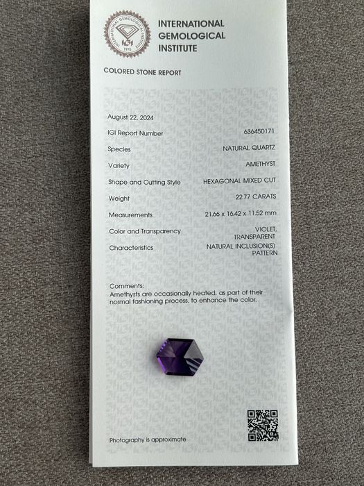 Ametyst  22.77 Ct - certyfikat IGI (amethyst)