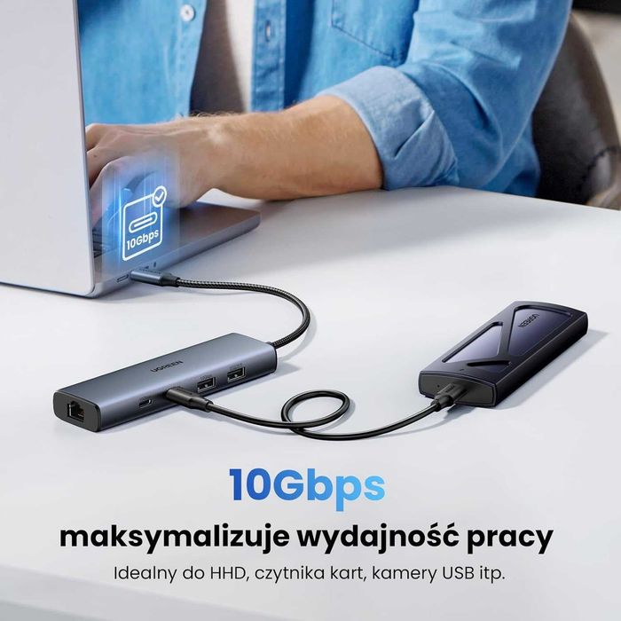 UGREEN Hub Ethernet USB C, adapter Ethernet 10 Gb/s USB 3.2 z 2 portami USB-C, 2 x port USB-A i 1 x adapter sieciowy RJ45