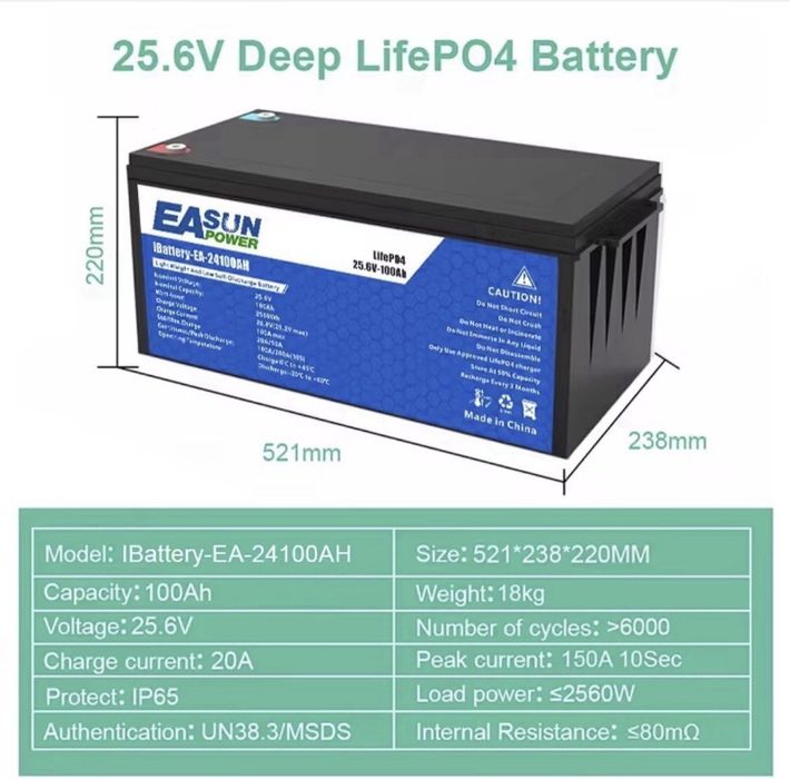 Акумулятор LiFePO4 Easun 24V 100Ah (25.6V, 2560Wh) BMS – Новий