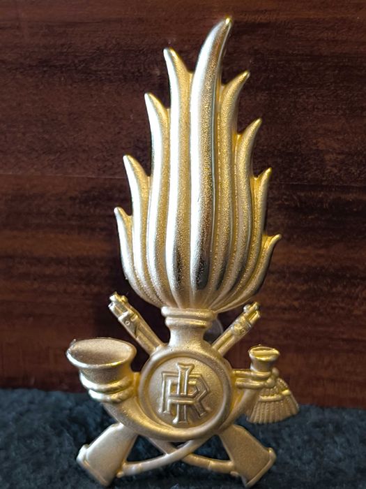 Insígnia de boné dourada para oficiais  Italianos, com design de chama e motivos militares.