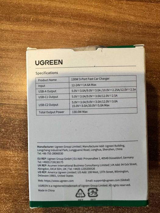 Ładowarka samochodowa Ugreen CD293 2x USB-C PD i 1x USB-A 130W - czarna