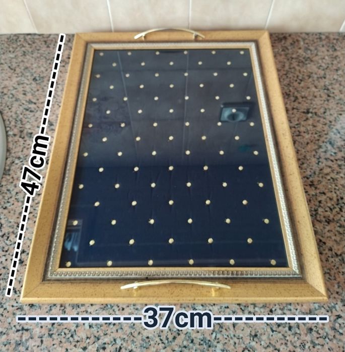 Tray with blue fabric base adorned with golden embroidered polka dots