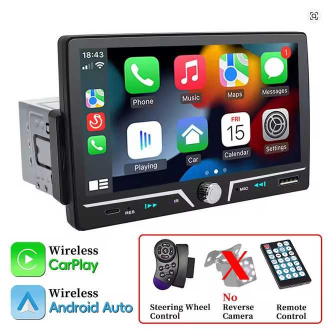 autorádio gaveta 1din mas ecrã com 7" sem fio android auto carplay NOVO