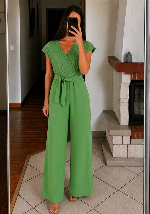 Elegancki zielony kombinezon wide leg M