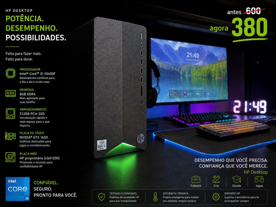 PC Gaming HP i5-10400F | GTX 1650 | 8GB RAM | 512GB SSD : Pronto a usar