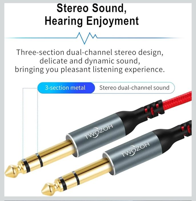 Twozoh Jack zrównoważony kabel audio stereo TRS, 6,35 mm do 6,35 mm